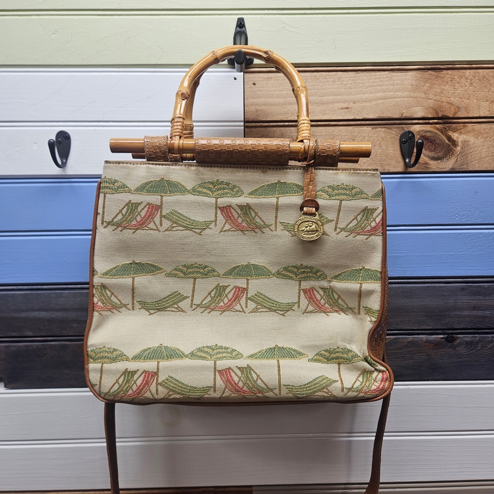 Brahmin Vintage Beach Tapestry Bamboo Handle Satchel Bag Canvas Leather Trim